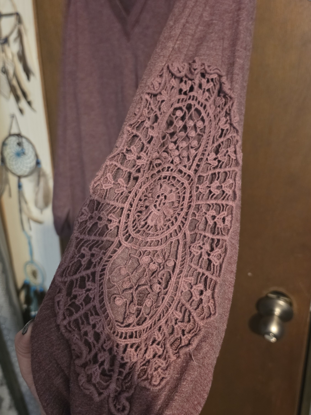 BloomChic Dusy Pink V-Neck Long Sleeve Top with Crocet Lace Accent - Picture 2 of 4